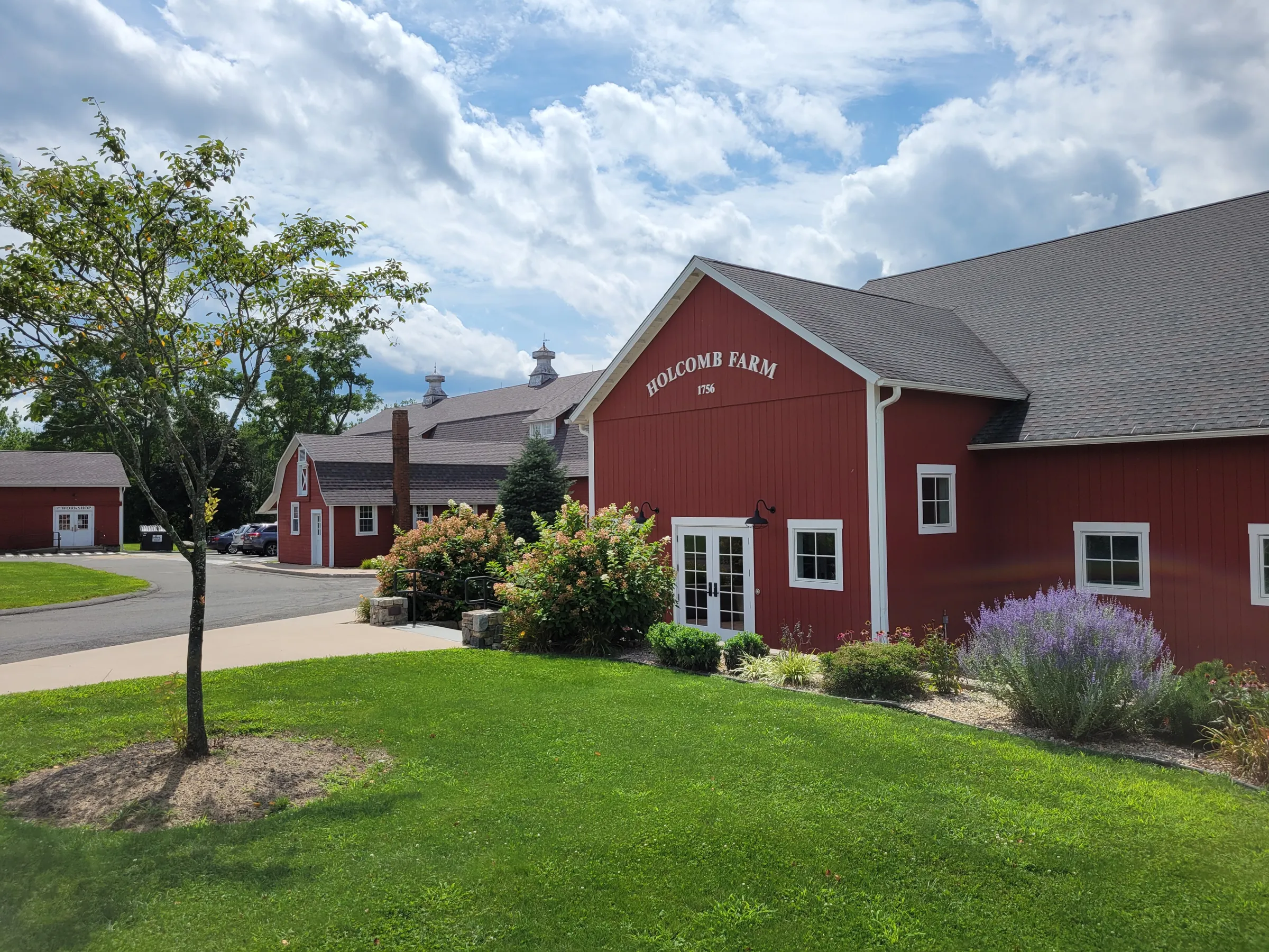 Red barns at Holcomb Farm in West Granby